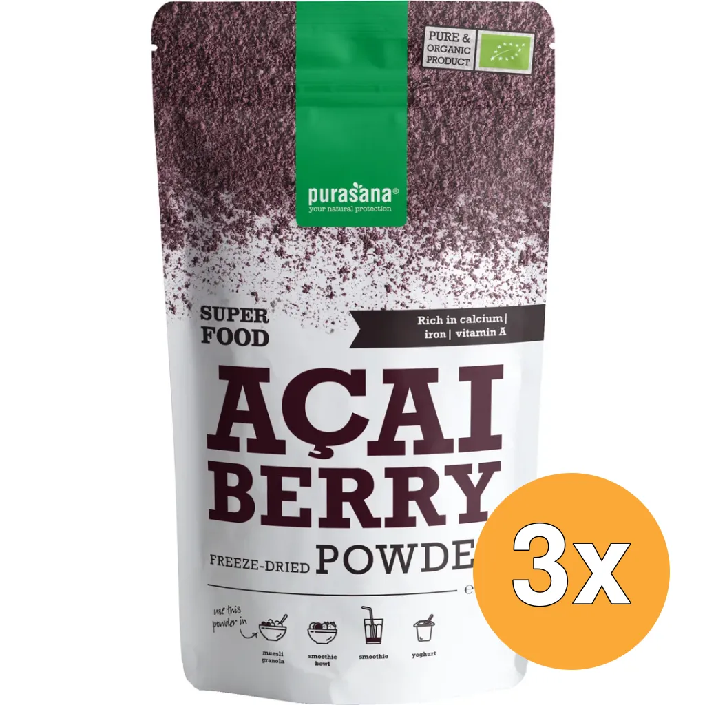 3x Purasana Acai Bessen Poeder/Poudre Baies D'Acai Vegan Bio (100 gr)