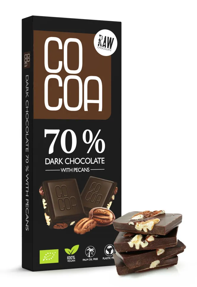 Cocoa 70% Dark Chocolate Pecan Reep (40 gr)