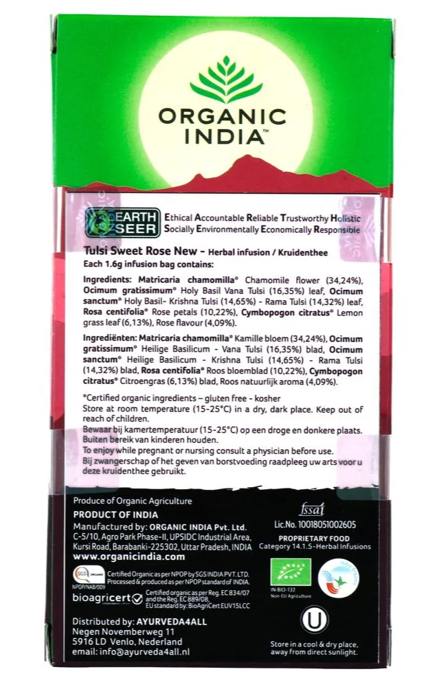 Organic India Tulsi Sweet Rose Bio Thee Zakjes (25 zakjes)