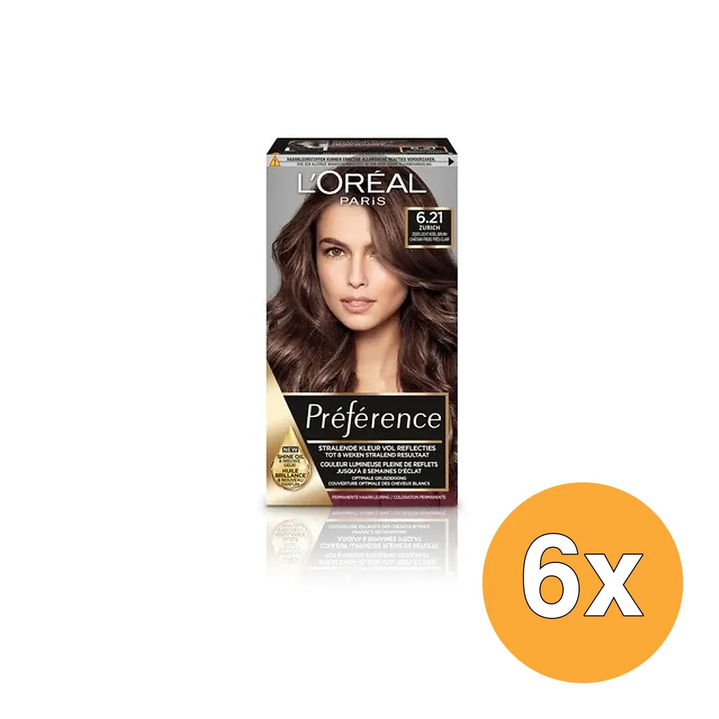 6x L'Oréal Paris Preference 6.21 Zeer Licht Koelbruin (1 set)