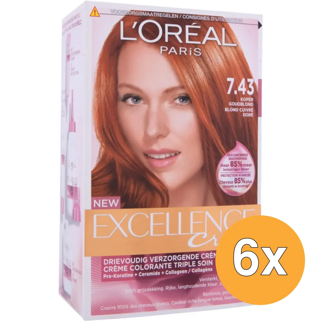 6x L'Oréal Paris Excellence Creme 7.43 Koper Goudblond (1 set)