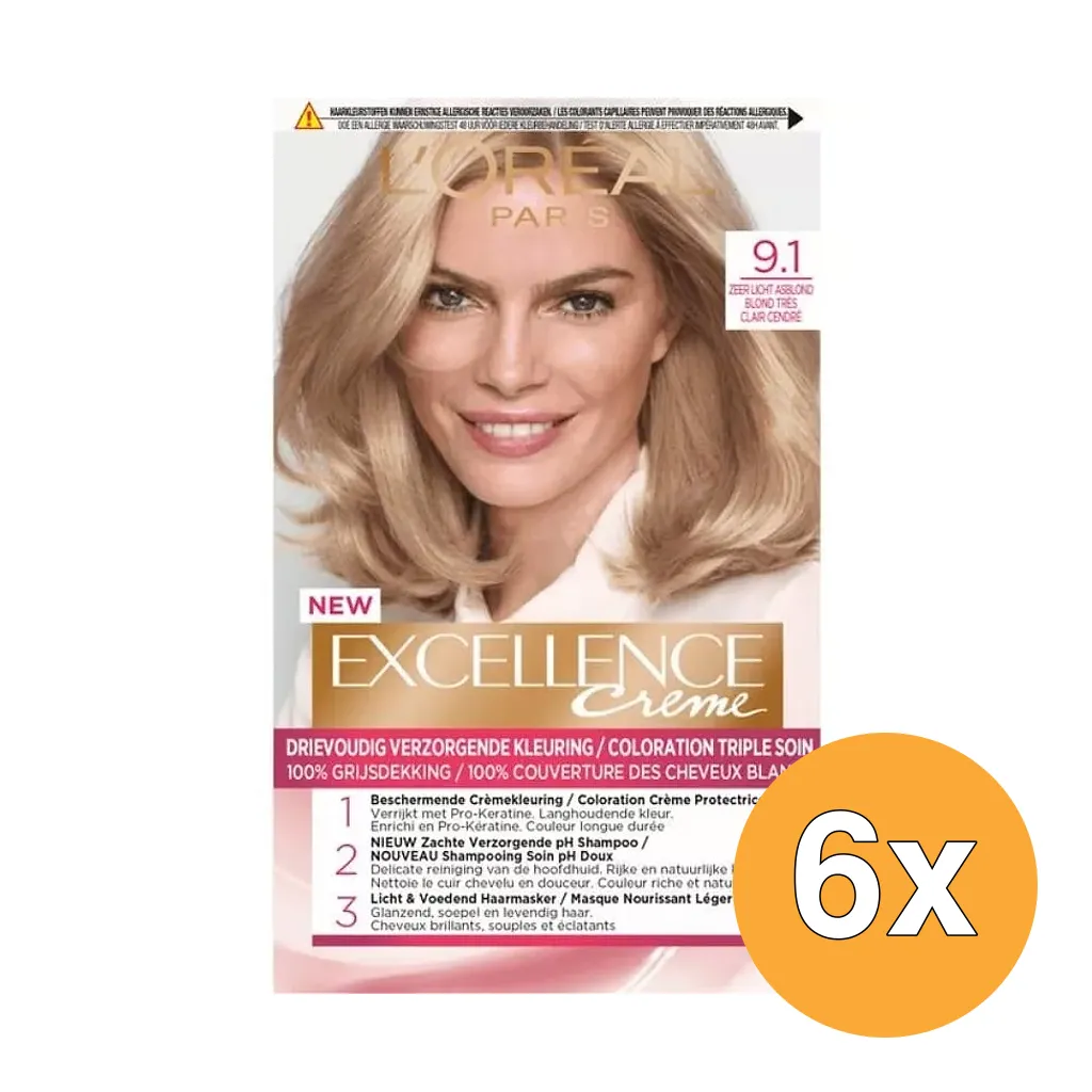 6x L'Oréal Paris Excellence Creme 9,1 Zeer Licht Asblond (1 stuk)