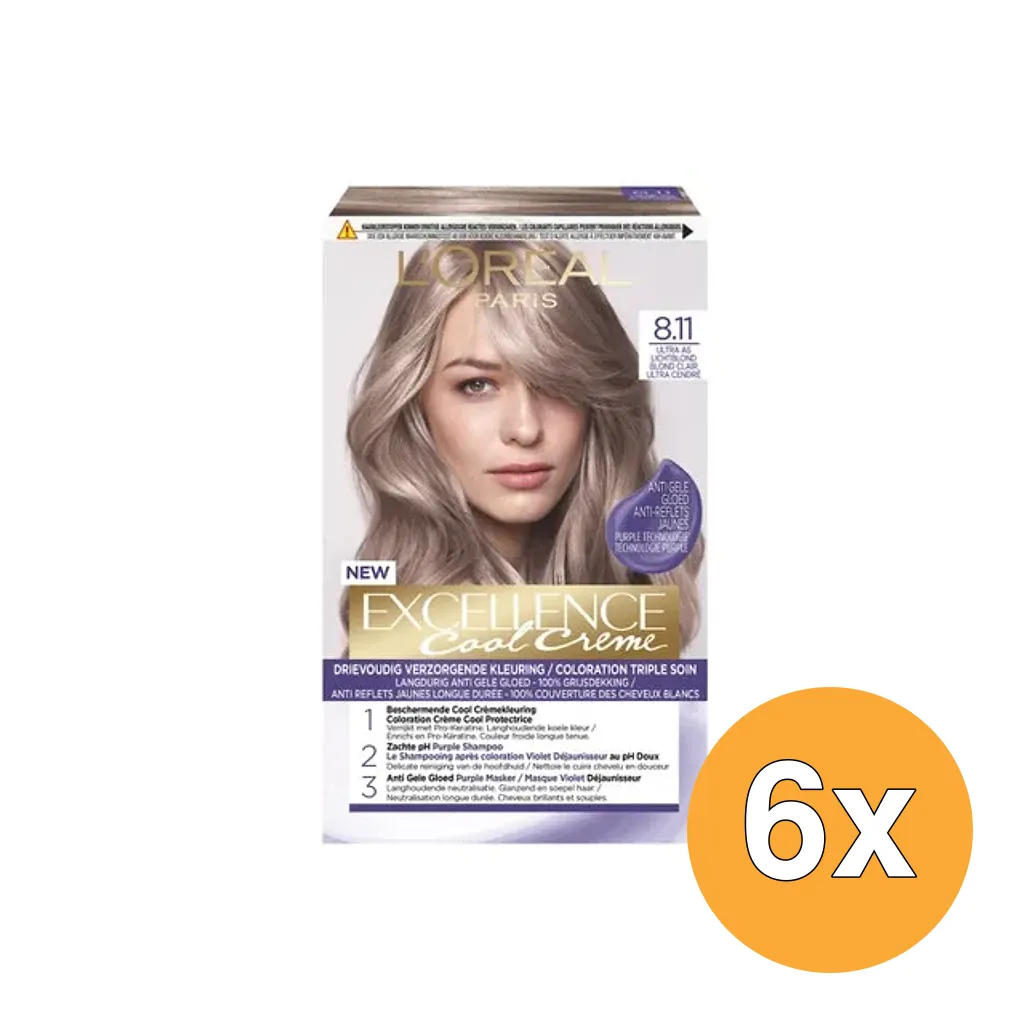 6x L'Oréal Paris Excellence Cool Creme 8.11 Ultra As Lichtblond (1 set)