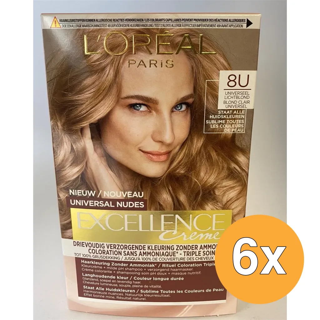 6x L'Oréal Paris Excellence Creme Universal Nudes 8U Lichtblond (1 stuk)
