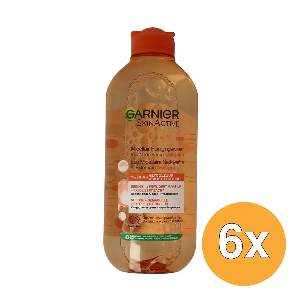 6x Garnier Skin Active Micellair Reinigingswater Met Peeling Alles in 1 (400 ml)