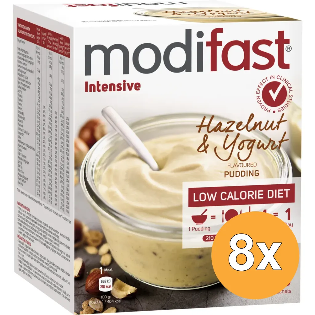 8x Modifast Intensive Pudding Hazelnoot & Yoghurt 8 Zakjes (416 gr)