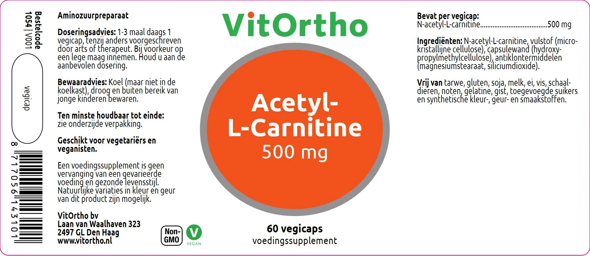 Vitortho Acetyl-L-Carnitine 500 mg (60 vega capsules)