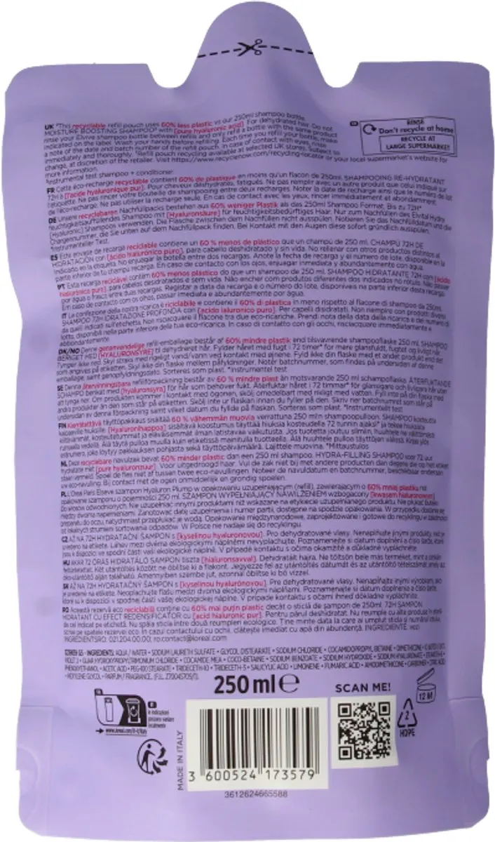 L'Oréal Paris Elvive Refill Hydra Hyaluronic Shampoo Navulling (250 ml)