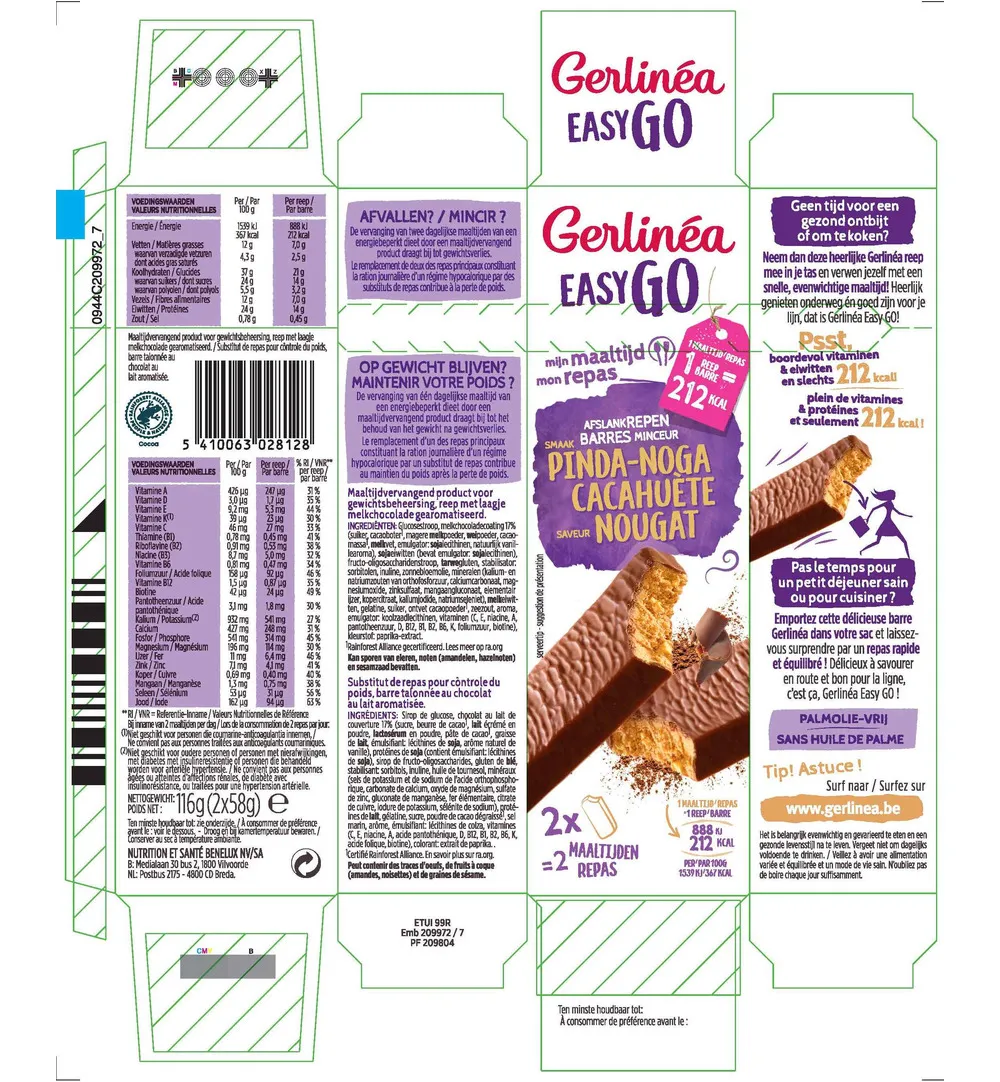 Gerlinéa Easy Go Afslank Maaltijdrepen Pinda Nougat (2 x 58 gr) - image 2