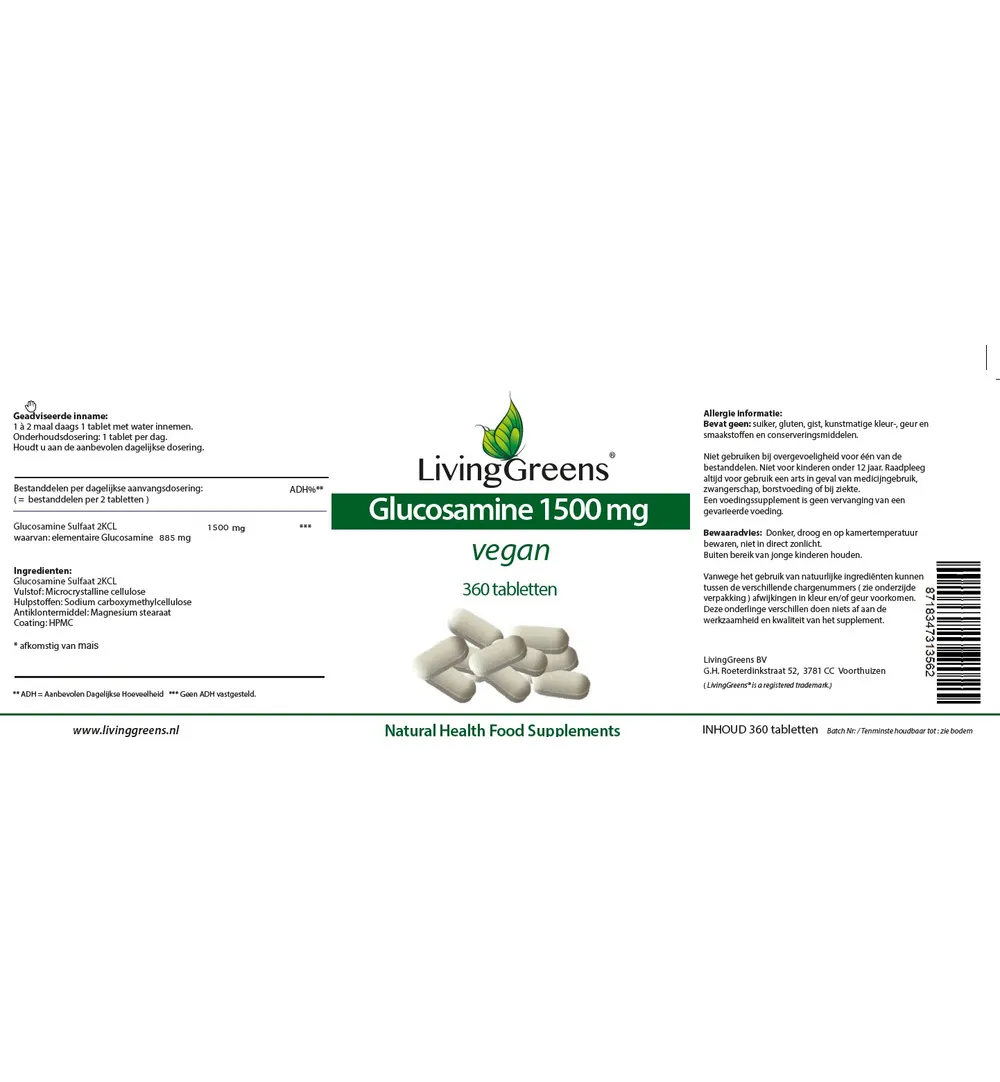 Livinggreens Glucosamine 1500 Vegan (360 tabletten)