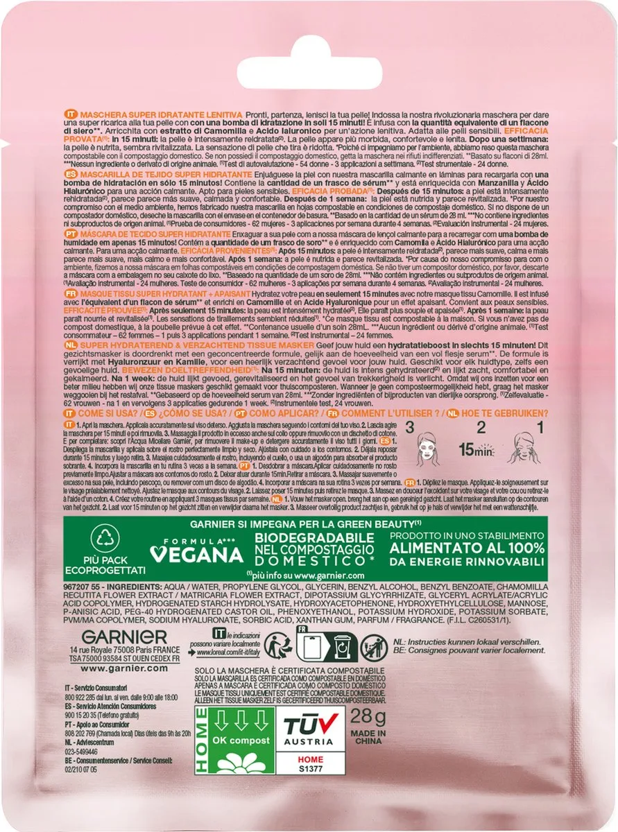 Garnier Skin Active Tissue Masker Kamille En Hyaluronzuur (1 stuk)