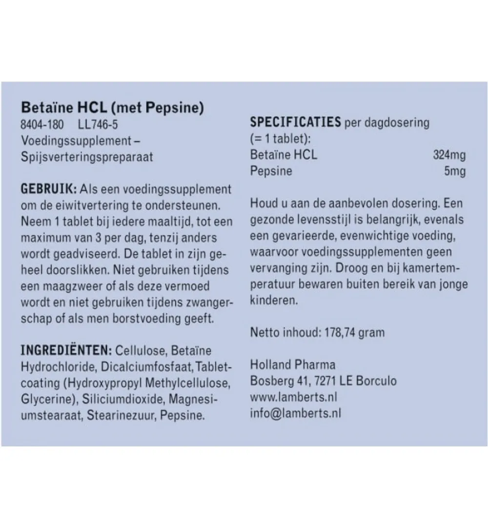 Lamberts Betaine Hcl 324Mg/Pepsine 5Mg (180 tabletten)