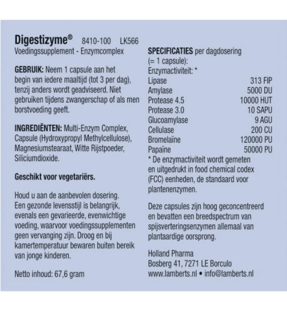 Lamberts Digestizyme Spijsverteringsenzymen (100 vega capsules)