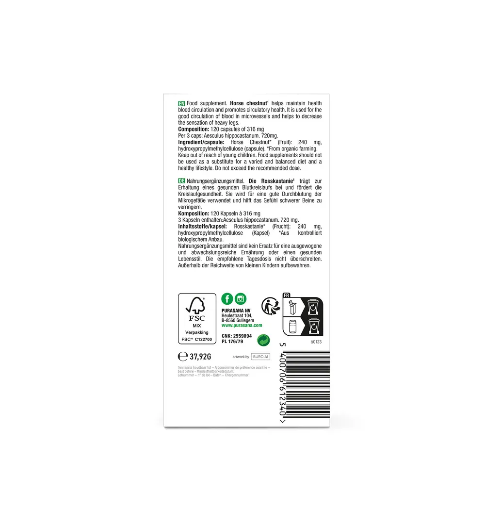 Purasana Wilde Kastanje/Marron D'Inde Vegan Bio (120 vega capsules) - image 3