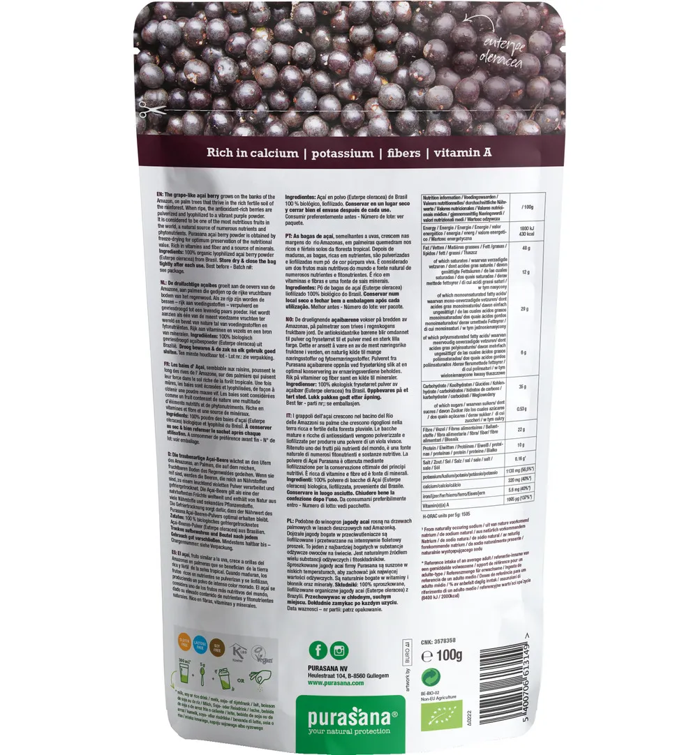 Purasana Acai Bessen Poeder/Poudre Baies D'Acai Vegan Bio (100 gr)