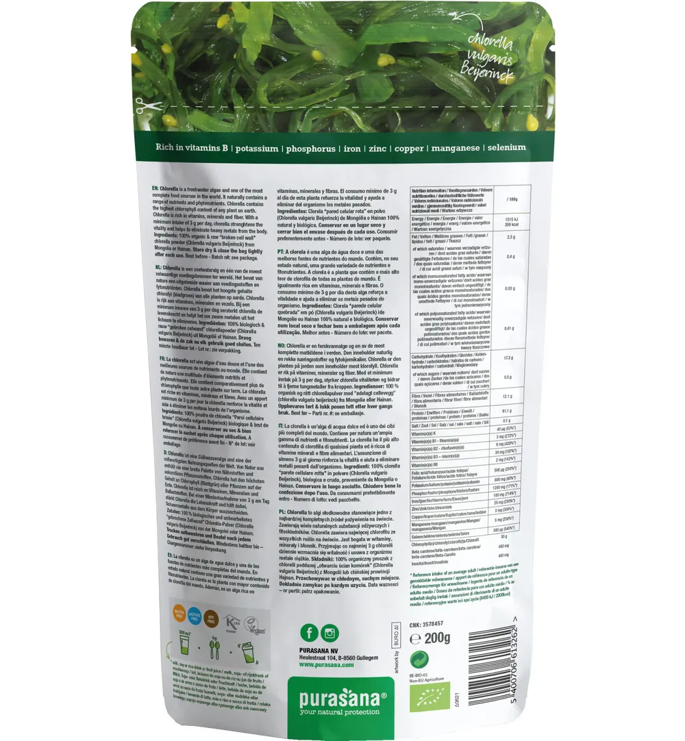 Purasana Chlorella Poeder/Poudre Vegan Bio (200 gr)
