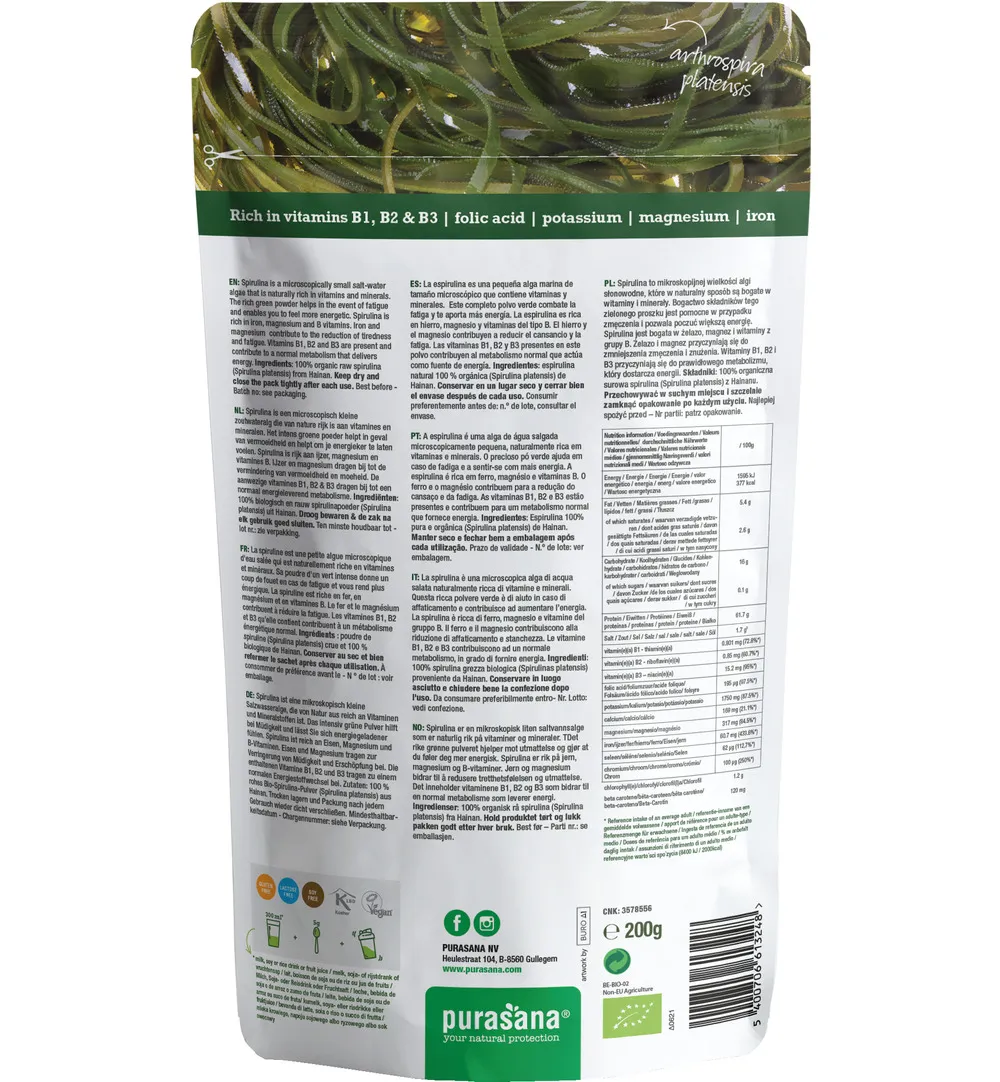 Purasana Spirulina Poeder/Poudre Spiruline Vegan Bio (200 gr)