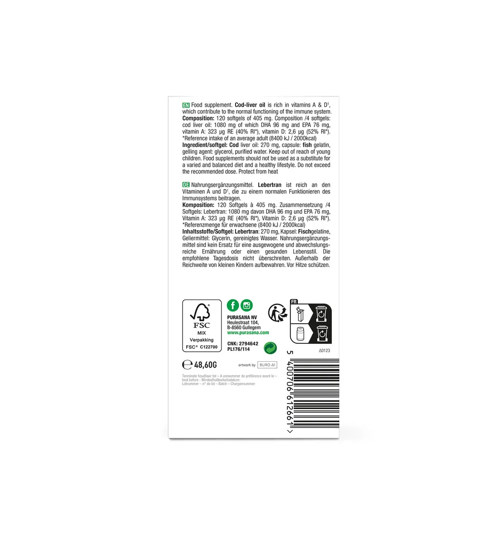 Purasana Levertraan/Huile De Foie De Morue (120 capsules) - image 3