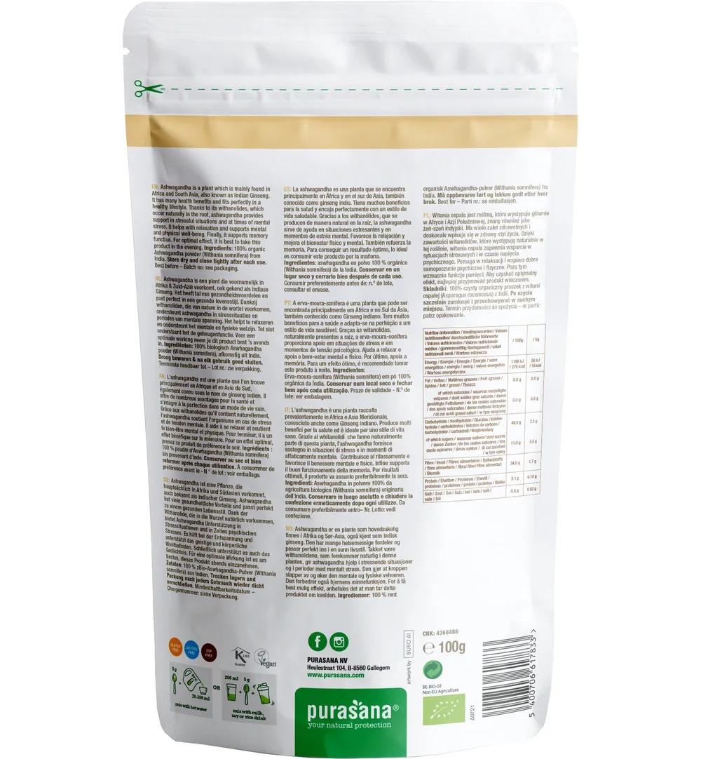 Purasana Ashwagandha Poeder - Vegan Bio (100 gr)