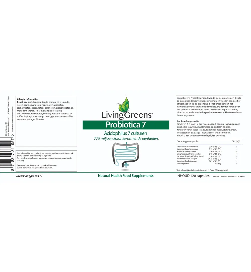 Livinggreens Probiotica Acidophilus 7 Culturen (120 capsules)