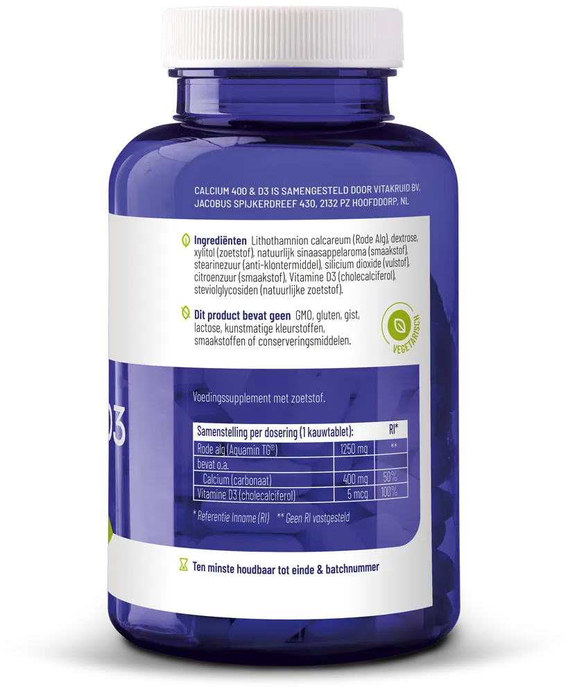 Vitakruid Calcium 400 & D3 uit Duurzame Rode Alg Aquamin TG® (90 kauwtabletten) - image 2