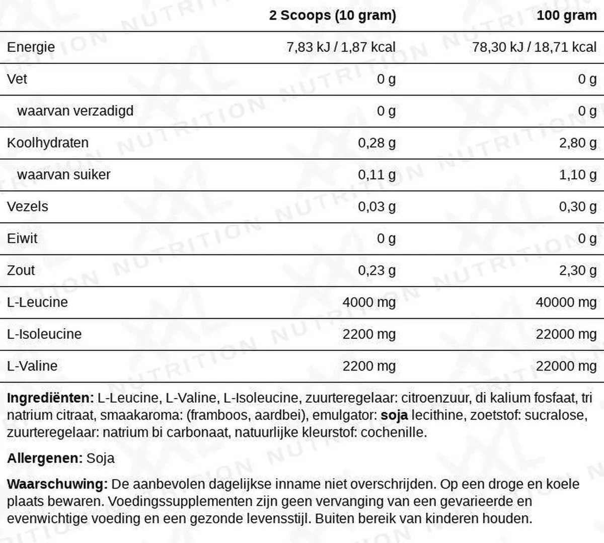 XXL Nutrition BCAA Poeder Raspberry (500 gr) - image 2