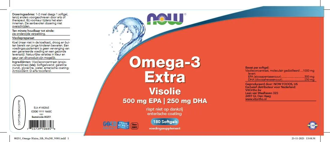 Now Omega-3 Extra Visolie 500 mg EPA 250 mg DHA (180 softgels)
