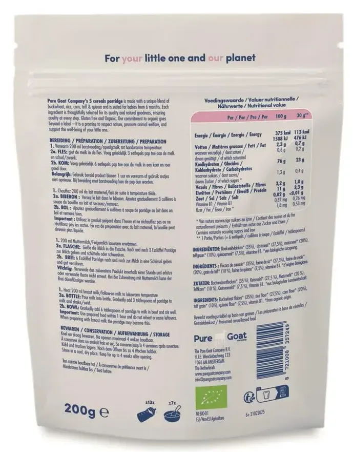 Pure Goat Organic 5-granen Pap 6+M (200 gr)