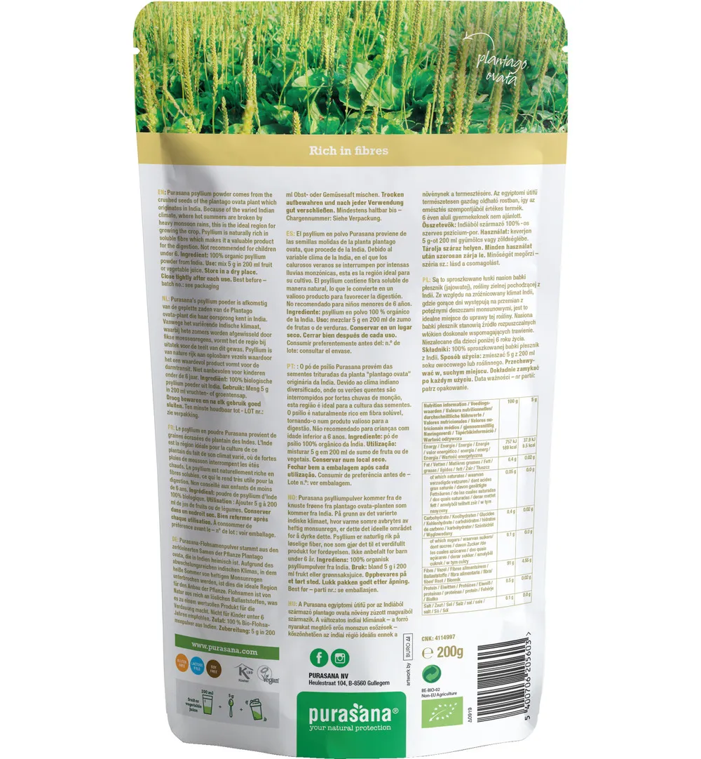 Purasana Psyllium Poeder/Poudre Vegan Bio (200 gr)