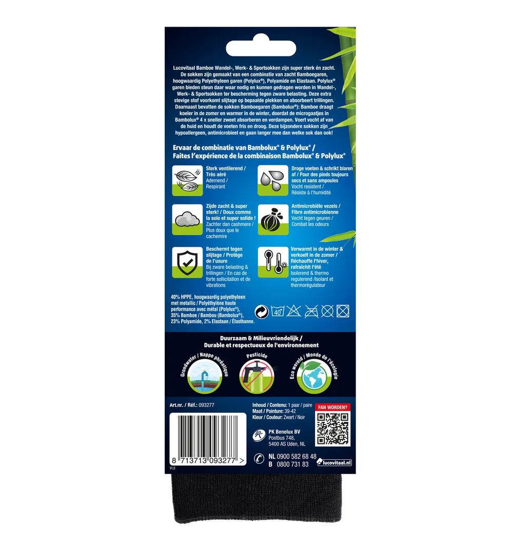 Lucovitaal Bamboe Wandel, Werk & Sportsokken 39-42 (1 paar)