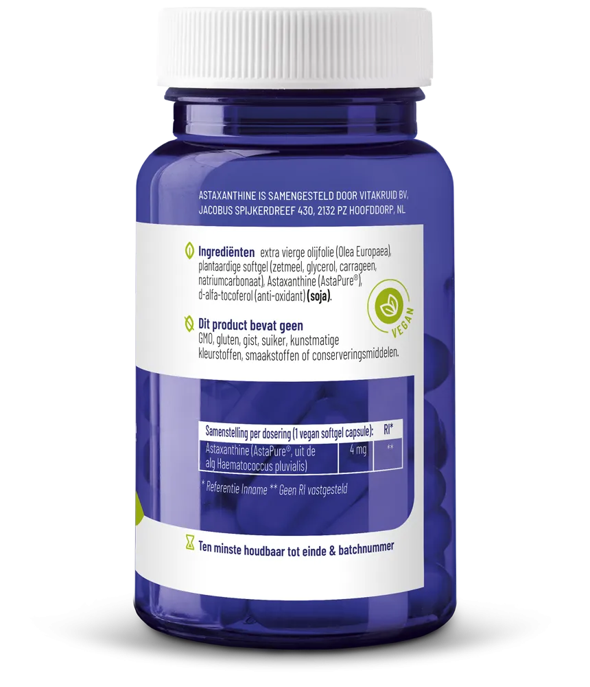 Vitakruid Astaxanthine Astapure® 4mg Duurzaam Gekweekte Alg (60 vega capsules) - image 2