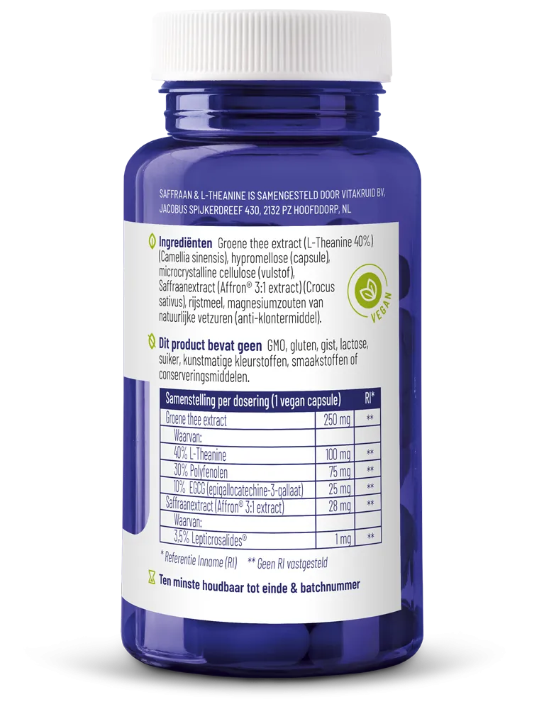 Vitakruid Saffraan 28 mg (Affron®) & L-Theanine Groene Thee (90 vega capsules) - image 2