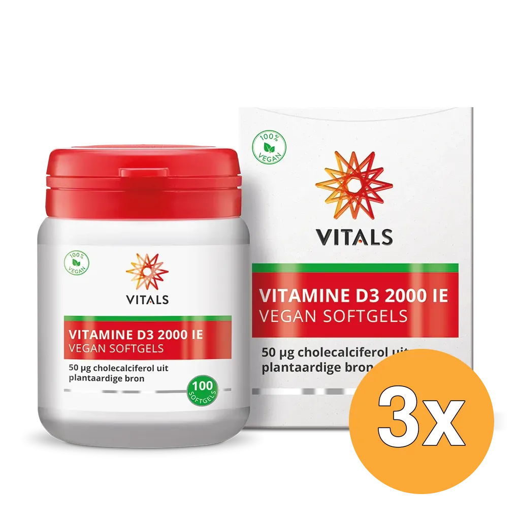 3x Vitals Vitamine D3 2000 ie Vegan (100 softgels