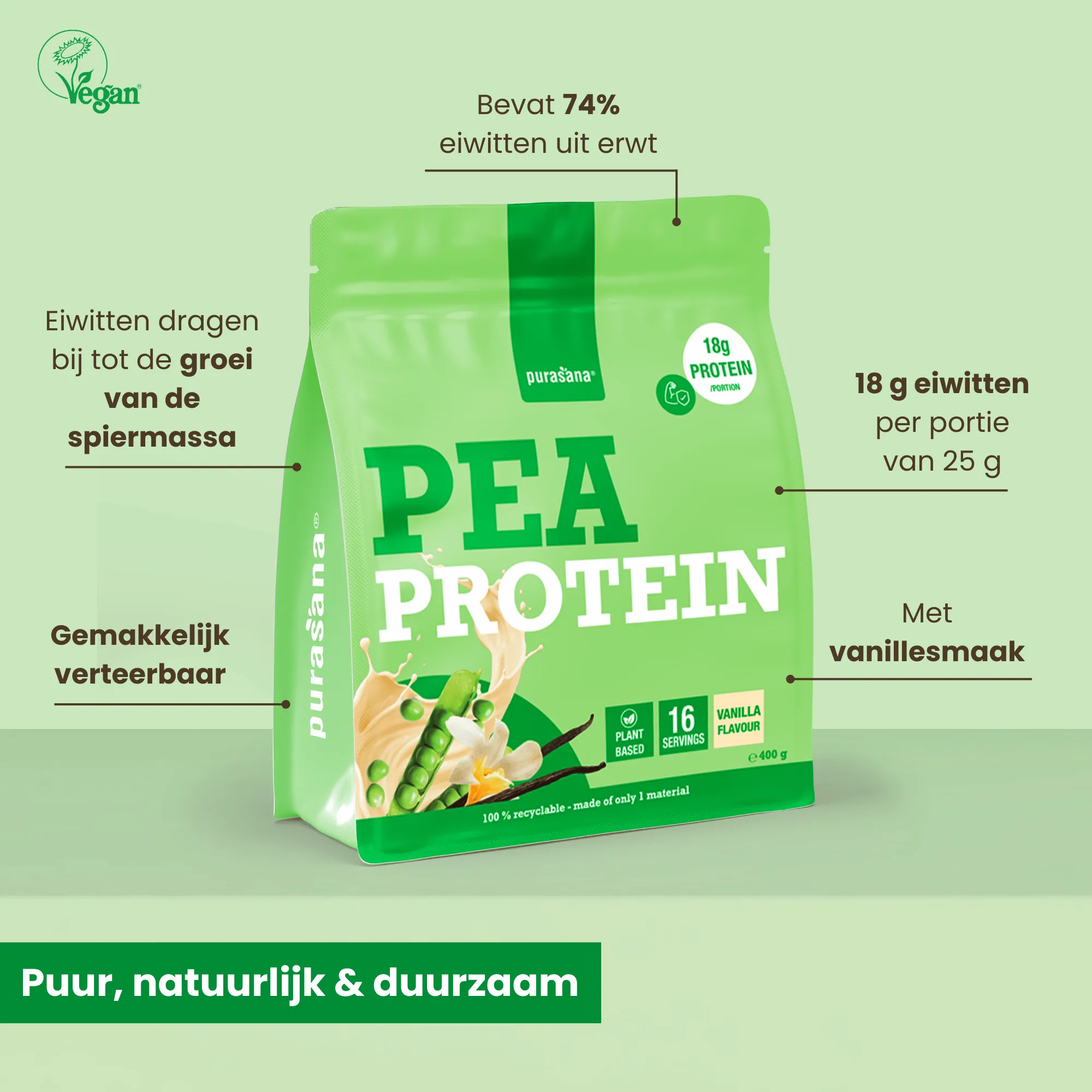 Purasana Plant Protein Erwt Vaniille (400 gr) - image 3