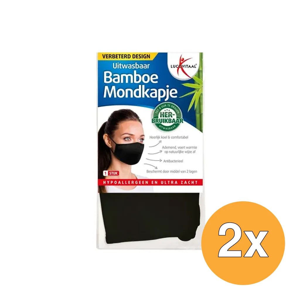2x Lucovitaal Bamboe Mondkapje Zwart - Verbeterd (1 stuk)