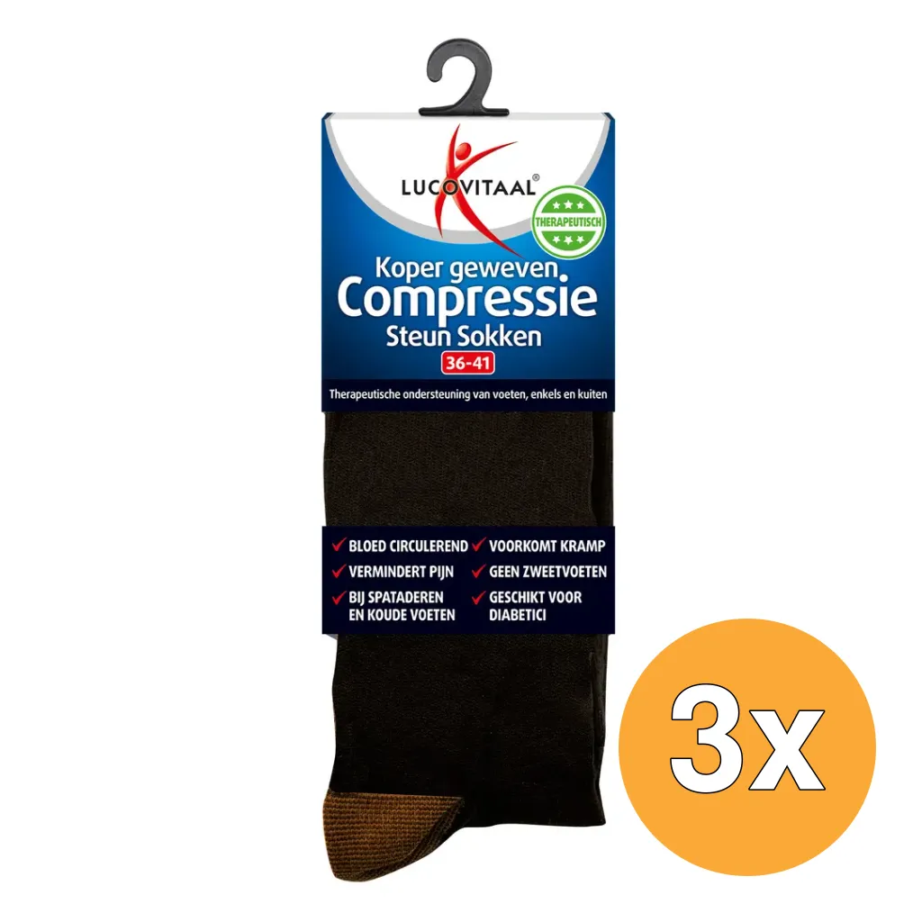 3x Lucovitaal Koper Compressie Sokken 36-41 Zwart (1 paar)