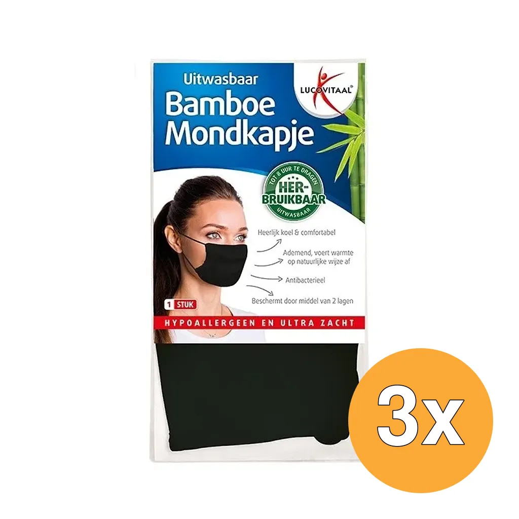 3x Lucovitaal Bamboe Mondkapje Zwart (1 stuk)
