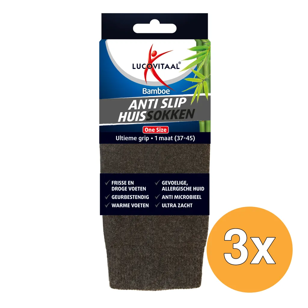3x Lucovitaal Bamboe Anti Slip Huissokken One Size (1 Paar)