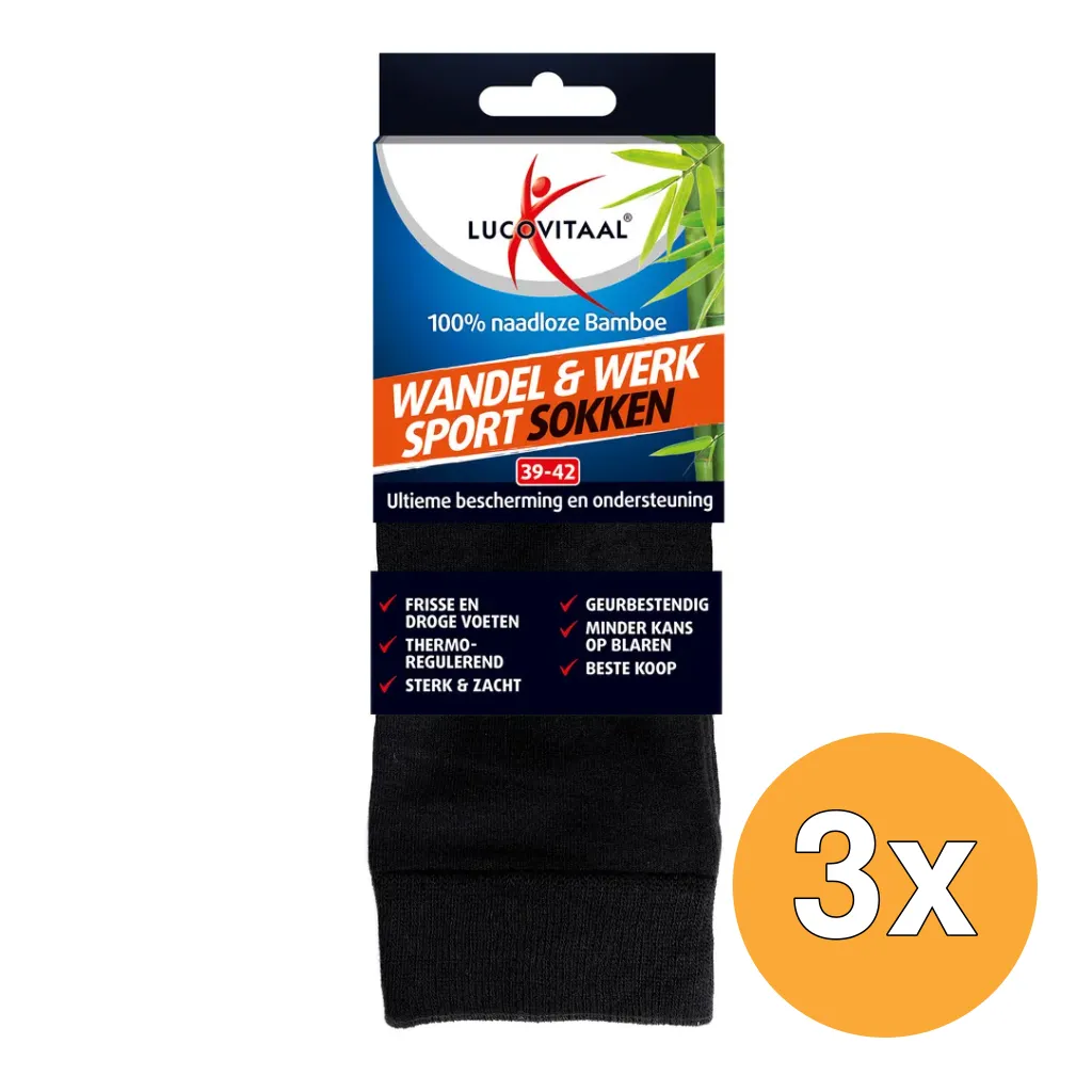 3x Lucovitaal Bamboe Wandel, Werk & Sportsokken 39-42 (1 paar)