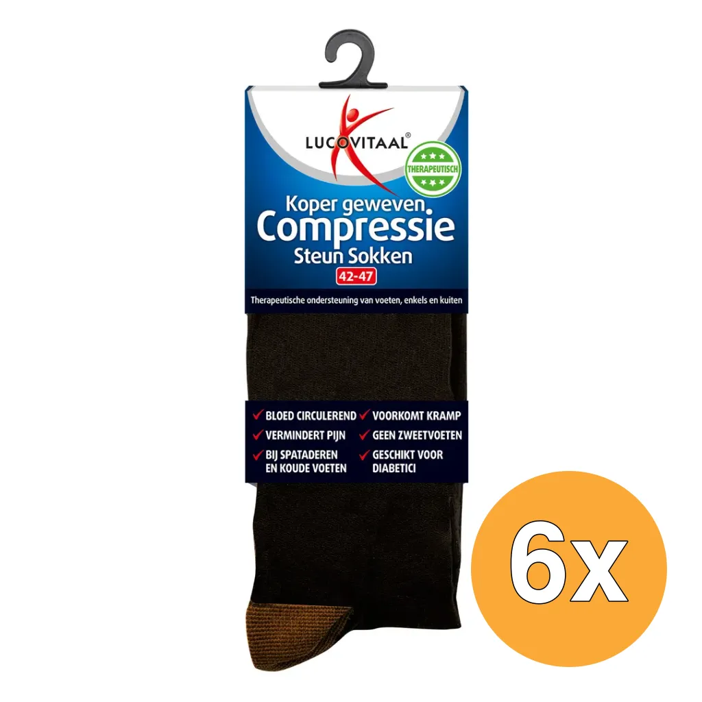6x Lucovitaal Koper Compressie Sokken 42-47 Zwart (1 paar)