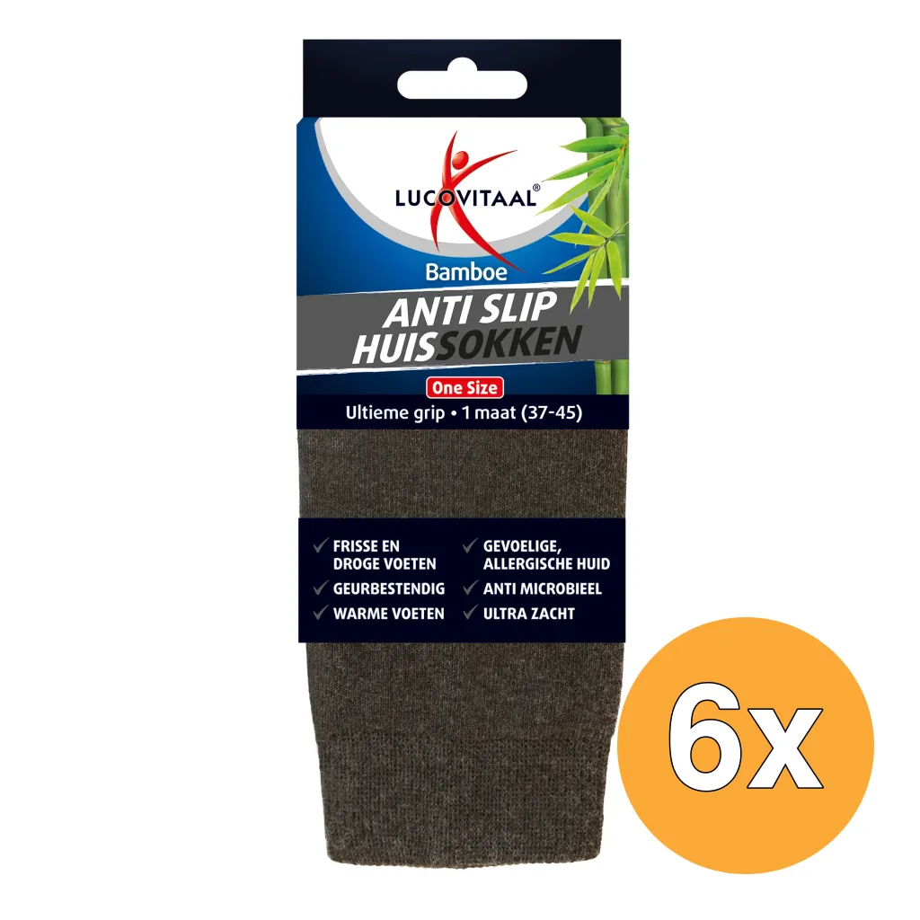 6x Lucovitaal Bamboe Anti Slip Huissokken One Size (1 Paar)