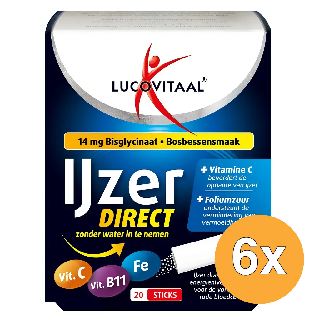 6x Lucovitaal IJzer Bisglycinaat Direct Bosbessensmaak (20 zakjes)