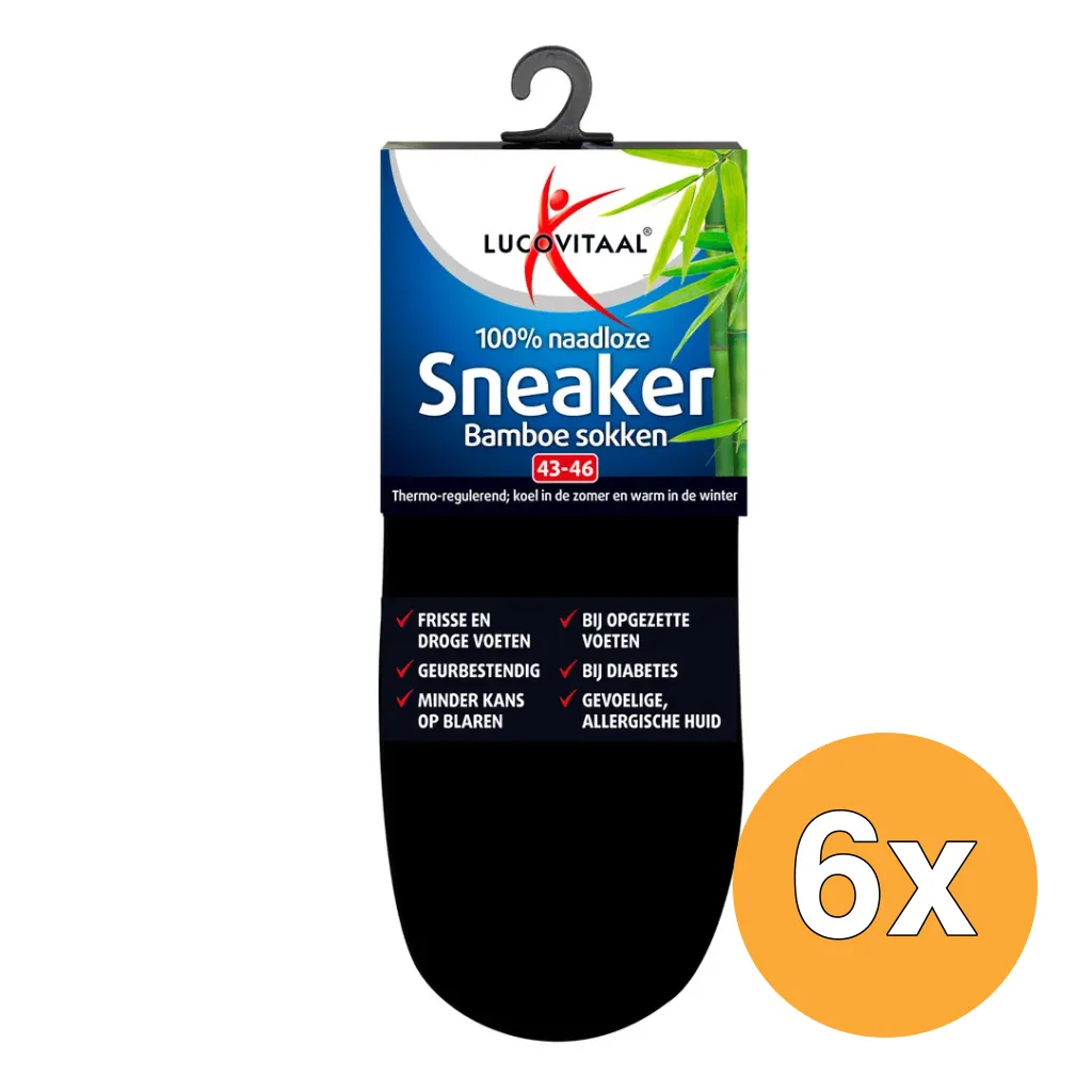 6x Lucovitaal Bamboe Sneakersokken Zwart 43-46 (1 paar)