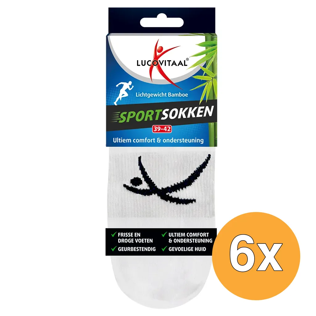 6x Lucovitaal Bamboe Sportsokken Wit 39-42 (1 paar)