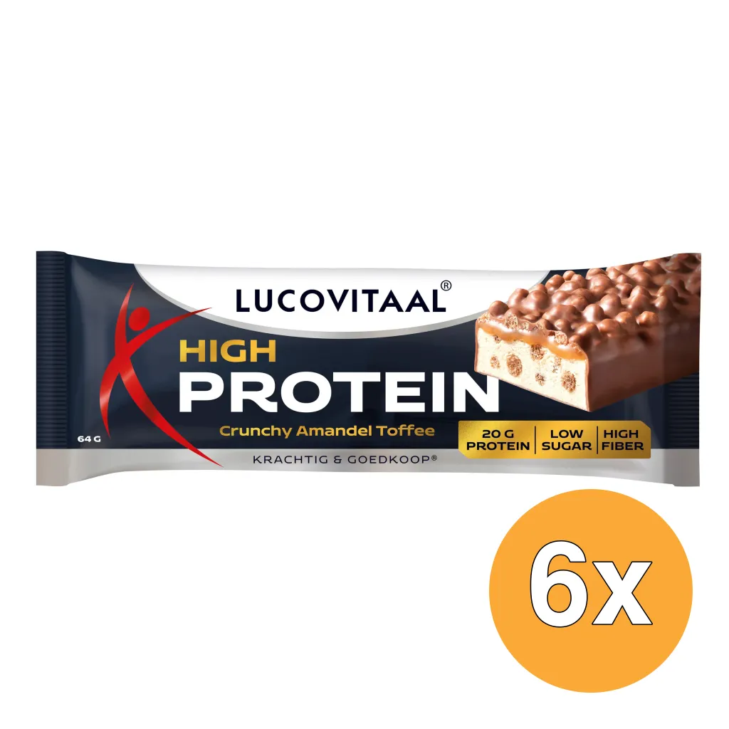 6x Lucovitaal Protein High reep -Crunchy Amandel Toffee Vega (1 stuk)