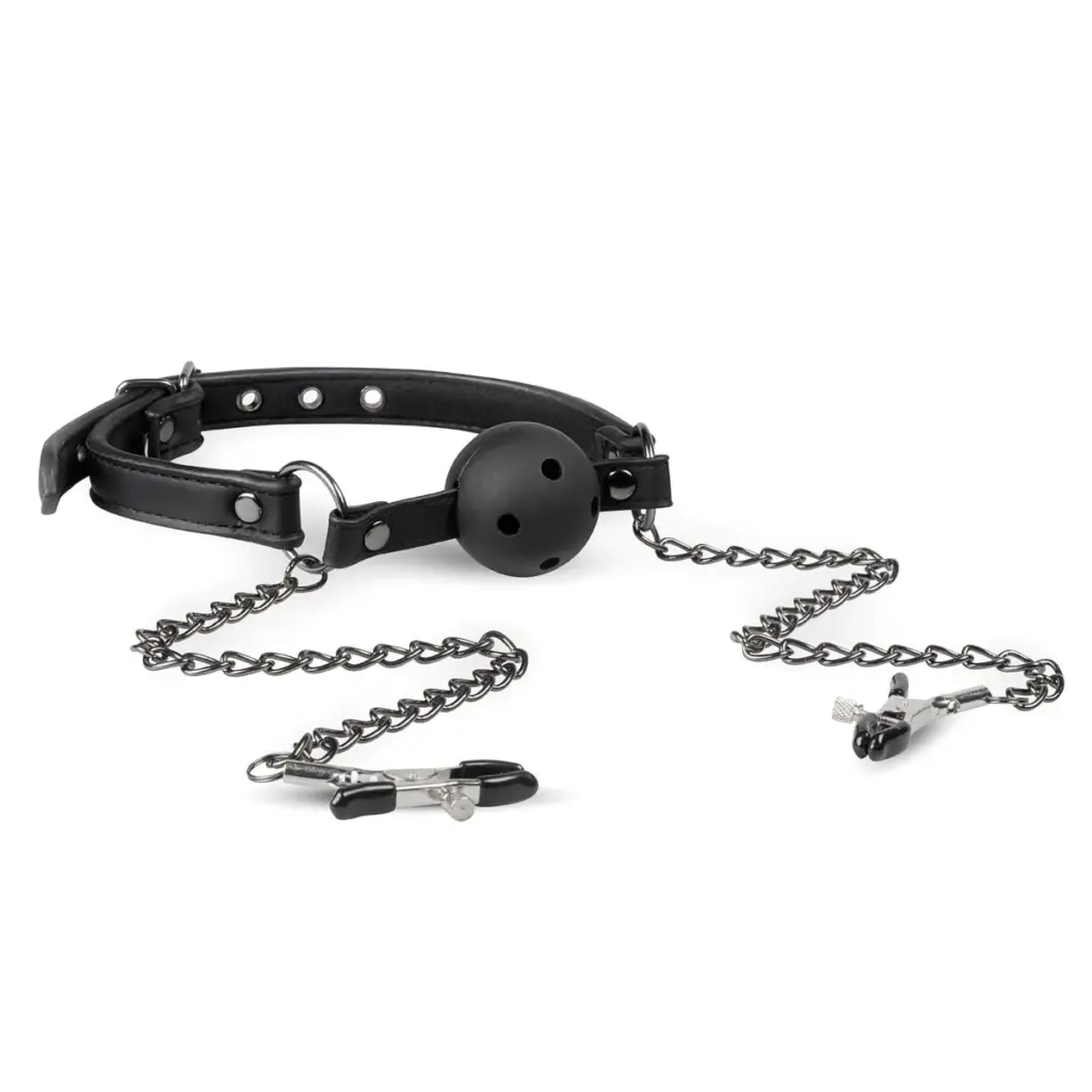 Easytoys Fetish Collection - Open Ball Gag with Nipple Clamps Zwart (1 stuk)