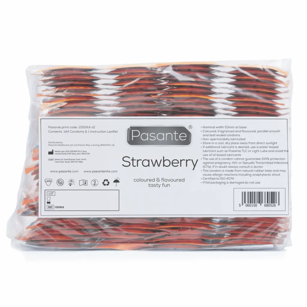 Pasante - Strawberry Flavour Condoms Diverse kleuren (144 stuks)