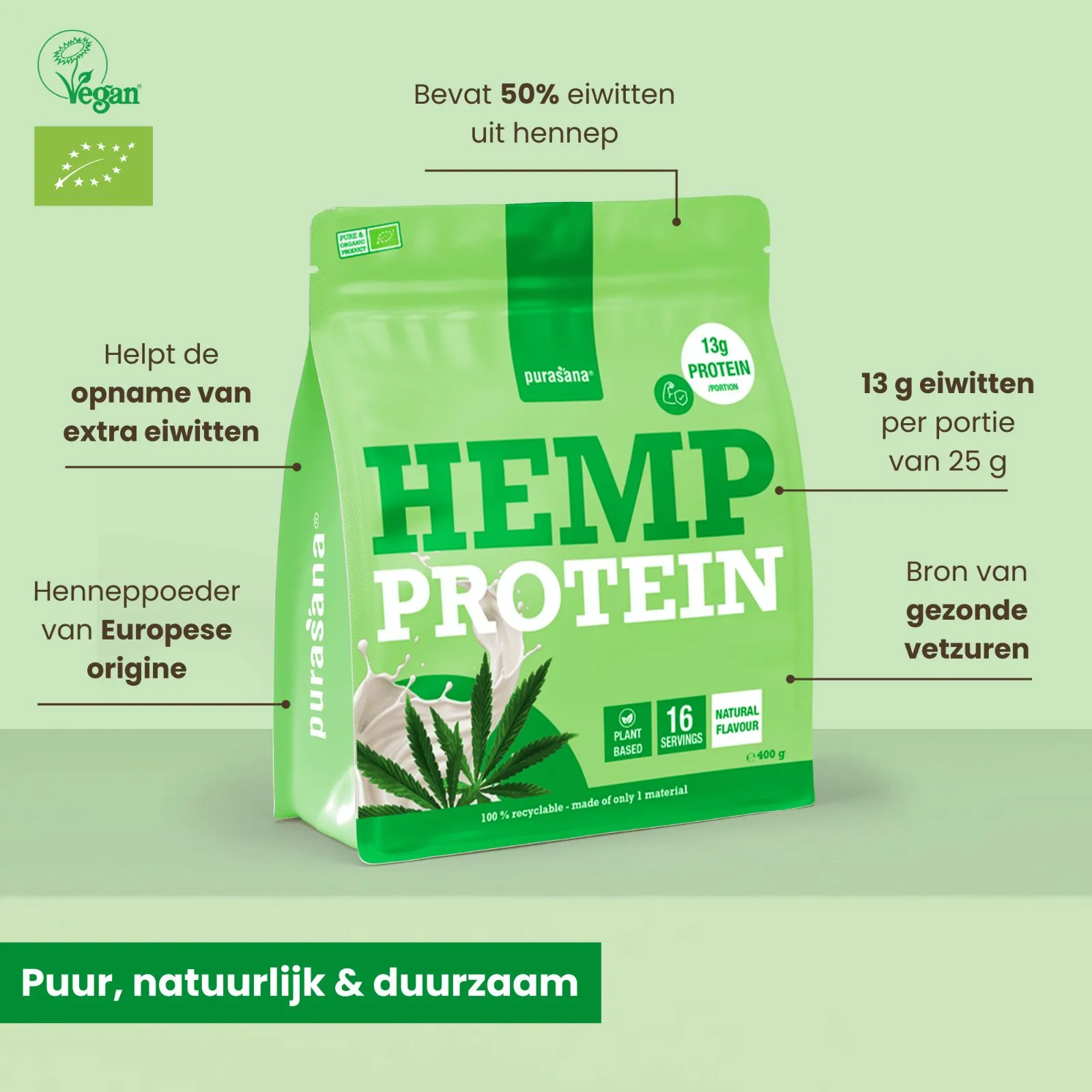 Purasana Plant Protein Hennep Natuurlijk Bio (400 gr) - image 3