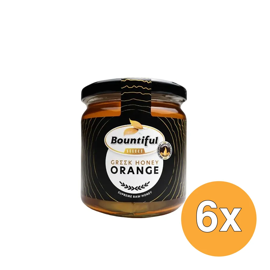 6x Bountiful Griekse Rauwe Honing Orange/Sinaasappel (500 gr)