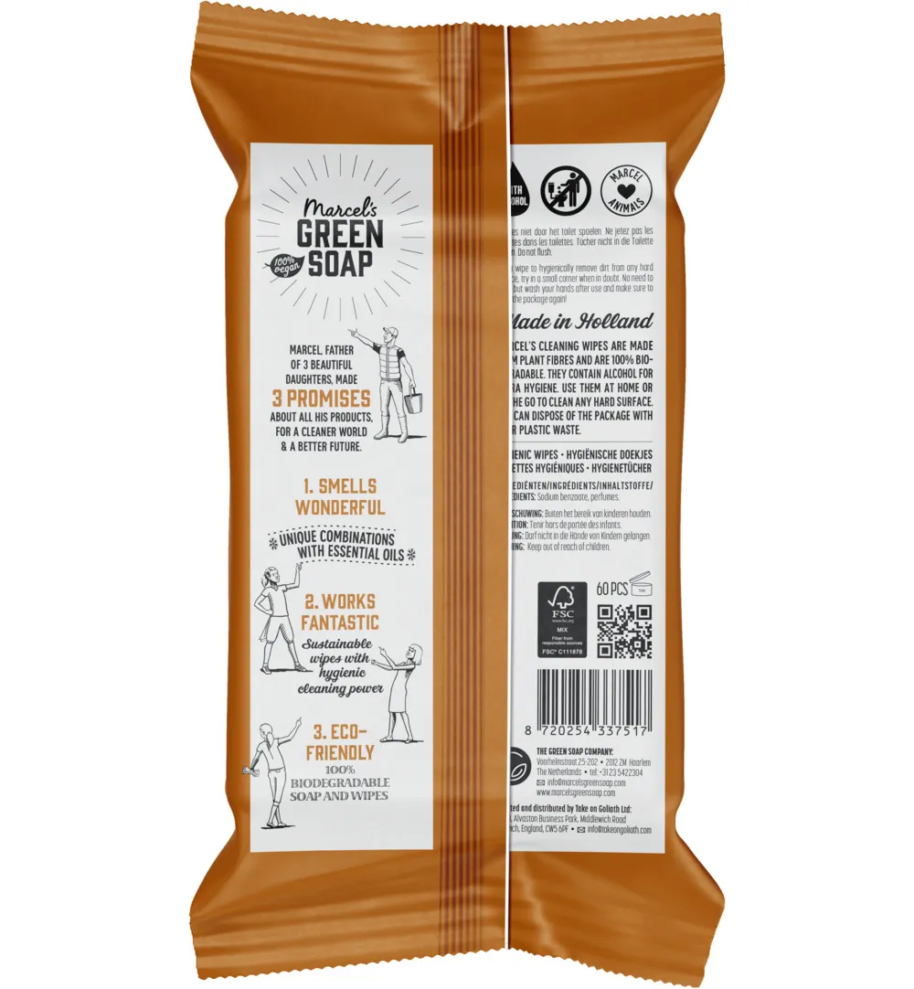 Marcel's Green Soap cleansing wipes sandelhout & kardemom (60 stuks)